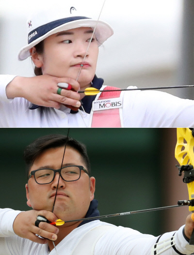 강채영(위 사진)과 김우진이 23일 양궁 국가대표 평가전에서 활시위를 당기고 있다. 연합뉴스