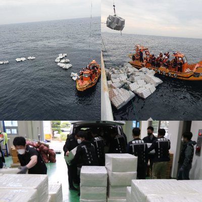 ▲군산해경이 해상 부유물(중국산 담배)을 확인하고 수거하는 모습과,해경이 해상 밀수조직을 검거하고, 시가 4억 원 상당의 중국산 담배 293상자를 발견해 해당 물품을 압수했다.ⓒ군산해양경찰서