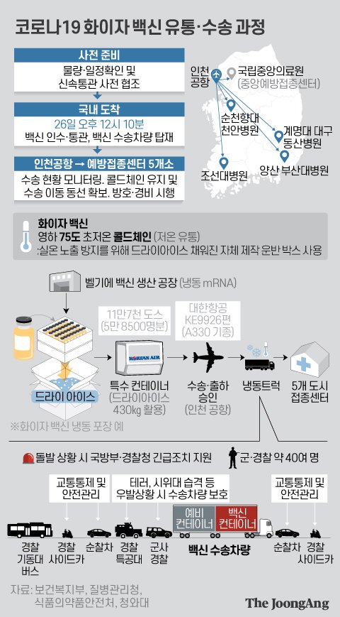 코로나19 화이자 백신 유통·수송 과정. 그래픽 김은교 기자