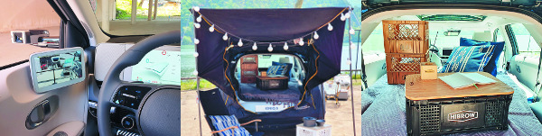 왼쪽부터 디지털 사이드 미러, 텐트를 연결한 트렁크, 내부에 간이책상을 설치한 모습.