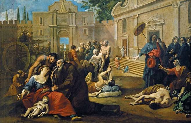 ‘의학원리집’을 집필한 중세 최고 랍비 마이모니데스를 비롯해 유대인들은 의학에 헌신해온 긴 역사를 갖고 있다. 하루 최소 9번 손을 씻는 종교적 습관, 음식 정결법 ‘코셔’ 등 위생 관리에도 철저했다. 중세 베네치아에서 페스트로 인구 3분의 1이 사망할 때 유독 유대인 희생자가 적었던 이유이기도 하다. 작자 미상의 18세기 그림 ‘전염병 피해자들을 방문하는 키지 추기경’. 이탈리아 로마 바르베리니 궁전 국립 고전 미술관 소장. /게티이미지코리아