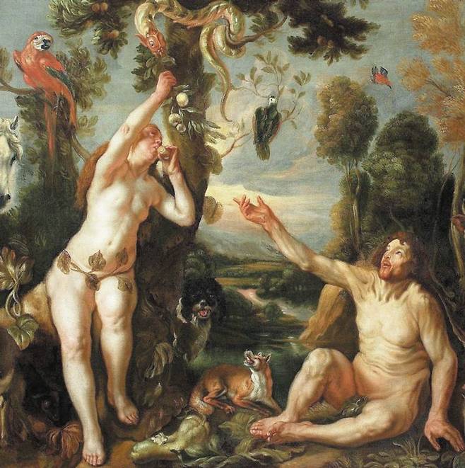 17세기 플랑드르 화가 조르다엔스의 '아담과 이브' - 루벤스와 반 다이크 이후 17세기 대표적 플랑드르 화가였던 자코브 조르다엔스의‘아담과 이브’(1642). 뱀의 유혹도 필요 없어 보일 만큼 탐욕스럽게 선악과를 따 먹는 이브와, 유혹에 넘어간 것이 아니라 스스로의 욕망이 이끄는 대로 팔을 내민 아담의 모습이 인상적이다. 스페인 톨레도 미술관 소장. /위키피디아