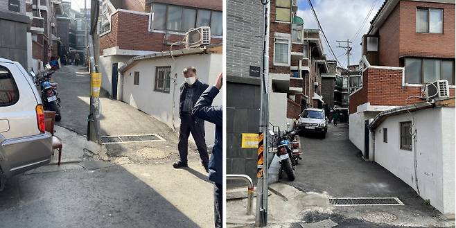 골목 초입길 가운데에 자리잡아 차량진입을 어렵게 만들었던 서울 동작구 본동 49-14번지 앞 전신주(왼쪽)가 전신주 이설공사로 1.3m가량(오른쪽)이동했다. 동작구 제공