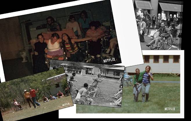 다큐멘터리영화 <크립 캠프>의 장면들. 이 영화는 미국 10대 장애인들의 여름 캠프 ‘제네드’를 그렸다.