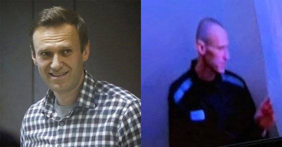 러시아 야권 운동가 알렉세이 나발니. 지난 2월 교도소 수감 전(왼쪽)과 두 달 뒤인 4월 29일 모습. 러시아 모스크바 바부스킨스키 지방 법원은 이날 화상 재판에 참석한 나발니 모습을 영상으로 공개했다. 그는 지난 1월 94kg였던 몸무게가 석달 만에 72kg으로 줄었다고 밝혔다. [AP, AFP=연합뉴스]