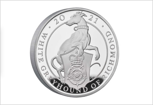국왕립조폐국은 2016년 잉글랜드의 사자를 시작으로 지난해 리치몬드의 화이트 그레이하운드까지 ‘퀸즈 비스트’를 주인공으로 한 기념주화 10개를 차례로 선보였다. 사진은 리치몬드의 화이트 그레이하운드 은화.