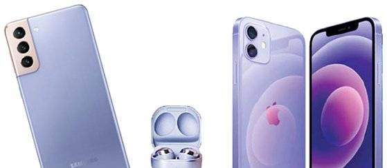 퍼플 색상을 내세운 삼성 갤럭시S21·버즈에 맞서 애플도 아이폰12에 보라색을 추가했다.