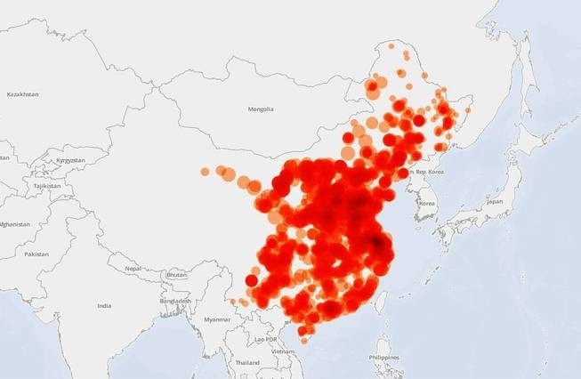 중국 내 석탄화력발전소 분포(출처: 그린피스)