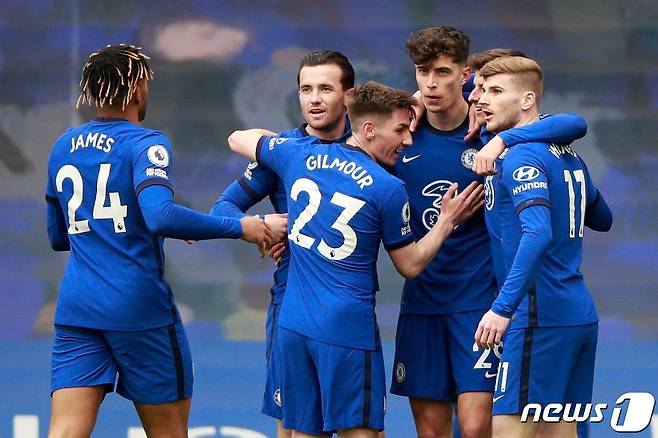 안방서 UCL 2차전을 치르는 첼시 선수단. © AFP=뉴스1