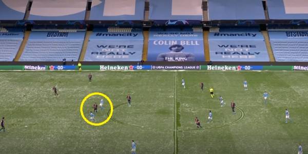 맨시티의 이번 4강 2차전 포진. 기존의 4-1-4-1이 아닌 실바와 데 브라위너가 나와있는(노란 원 안) 4-2-2-2 더블 펄스 나인 전술이다.