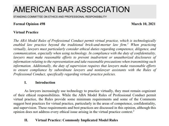 미국변호사협회(ABA)는 지난 3월 가상로펌에 대한 공식견해를 내놨다. 오프라인 사무실 없는 가상로험을 허용하되 의뢰인 기밀유지, 네트워크 안전에 만전을 기해달라는 내용이다. (ABA 웹사이트 캡처)