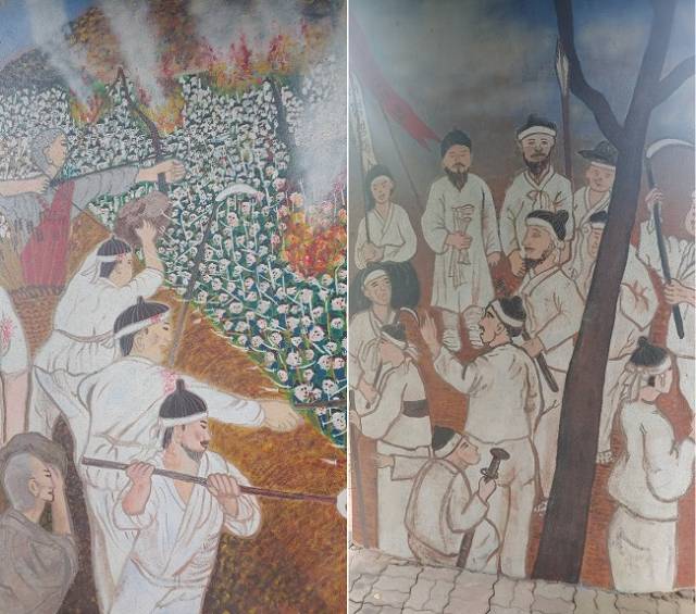 ▲ 관군과 싸우는 명학소 민중들의 투쟁(좌), 봉기를 준비하는 명학소 소민들을 그린 벽화(우) ⓒ손호철