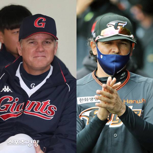 롯데 신임 서튼 감독(왼쪽)과 한화 수베로 감독. 롯데 자이언츠·한화 이글스 제공