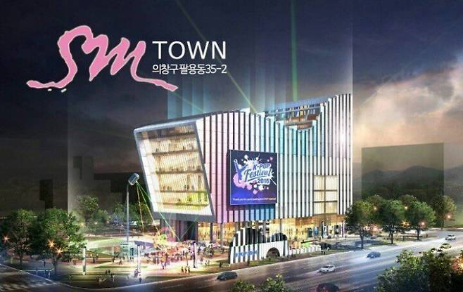 고의 개관 지연 의혹이 불거진 창원 ‘SM타운’ 조감도. SM엔터테인먼트는 ‘당사와는 무관한 사유로 인한 지연’이라 선을 그었다.