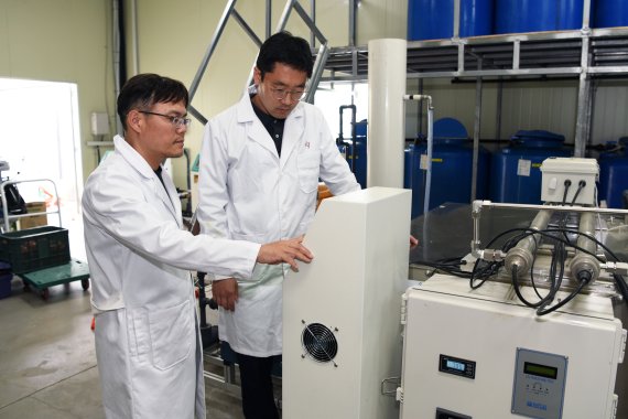 한국과학기술연구원(KIST) 강릉분원 스마트팜융합연구센터 이주영(왼쪽) 박사와 안태인 박사가 순환식 수경재배 시스템을 실험하고 있다. KSIT 제공
