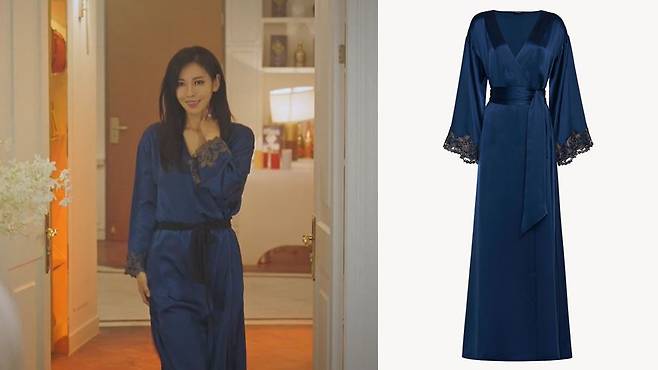SBS드라마 '펜트하우스2' 주인공이 '라펠라' 로브 제품을 입고 있는 모습. 오른쪽은 해당 로브 제품 이미지. /SBS·라펠라 공식 홈페이지 캡처