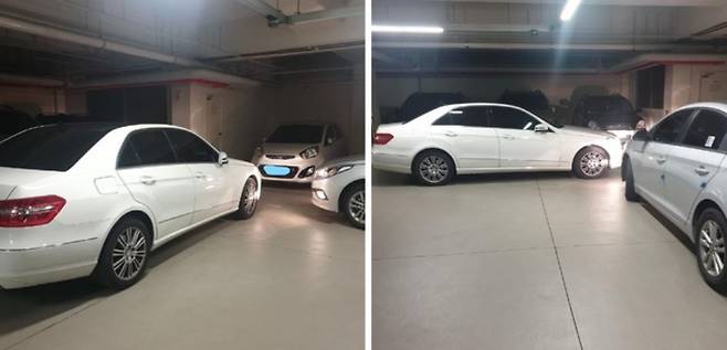 지난 13일 대전 서구 한 아파트 지하주차장에서 이중 주차된 벤츠를 빼달라고 요청했다가 폭언을 들었다는 게시글이 올라왔다. 자동차 온라인 커뮤니티 보배드림 캡처.
