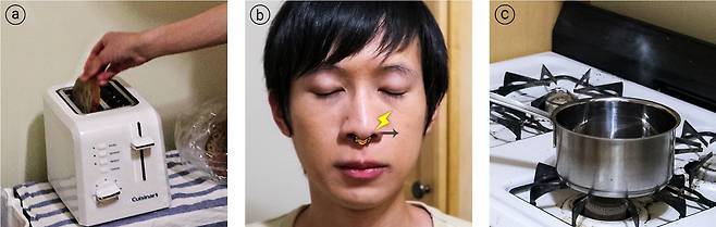 토스터기의 식빵이 타는 냄새가 나면(a) 부엌의 가스가 새는 냄새(c)는 감지하지 못한다. 하지만 후각 보조 센서가 있으면 부엌의 가스 센서가 보낸 신호를 받아 동시에 코에 가스 냄새를 전달할 수 있다(b)./미 시카고대