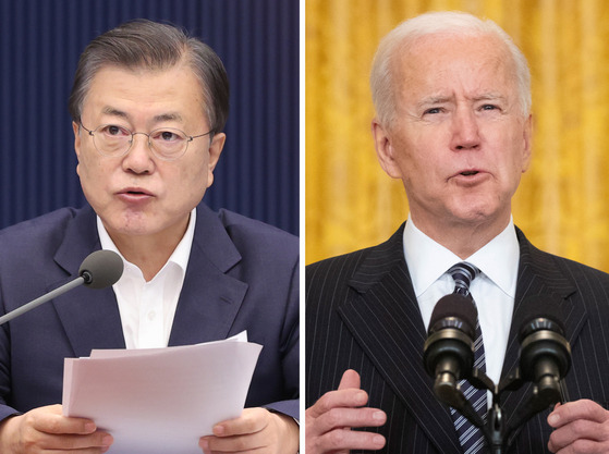 President Moon Jae-in, left, and President Joe Biden are scheduled to host their first summit in Washington this Friday. [YONHAP]