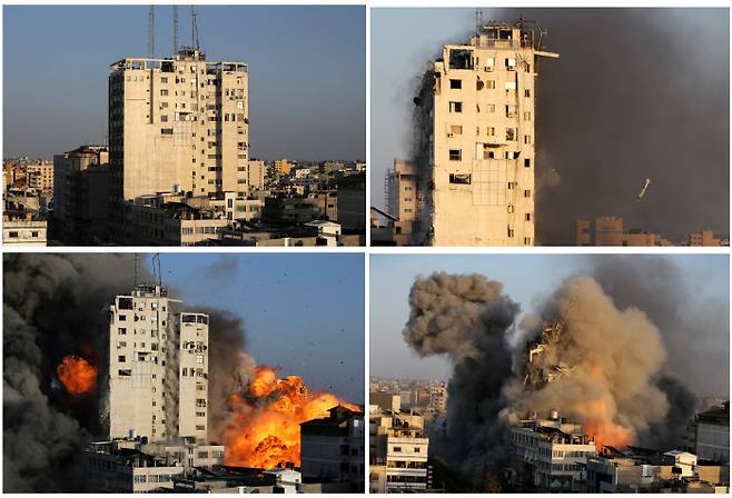 팔레스타인 자치 지역인 가자지구의 중심도시 가자시티에서 12일(현지시간) 고층빌딩이 이스라엘군 공습으로 화염과 연기에 휩싸여 순식간에 무너지는 장면을 잇대어 만든 사진. 이스라엘군은 가자지구 무장 정파 하마스와 사흘째 화력전을 벌이면서 사상자가 급증하고 있다. 가자｜로이터연합뉴스
