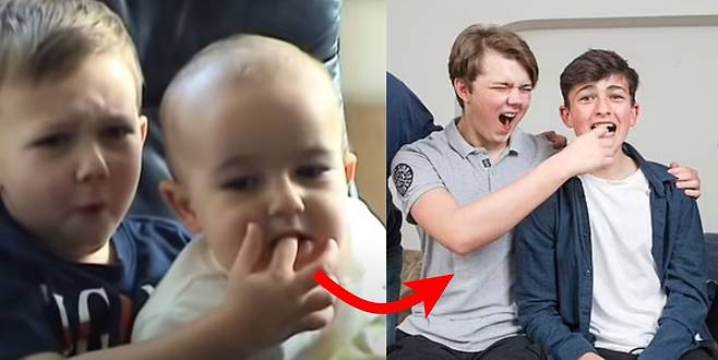 사진 왼쪽은 14년전 ‘찰리가 내 손가락을 또 깨물었다’ 영상, 오른쪽은 영상 속 아이들의 최근 모습.