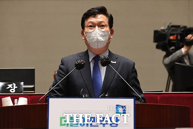 송영길 더불어민주당 대표가 25일 오전 서울 여의도 국회에서 열린 의원총회에서 모두발언을 하고 있다. /국회=이선화 기자