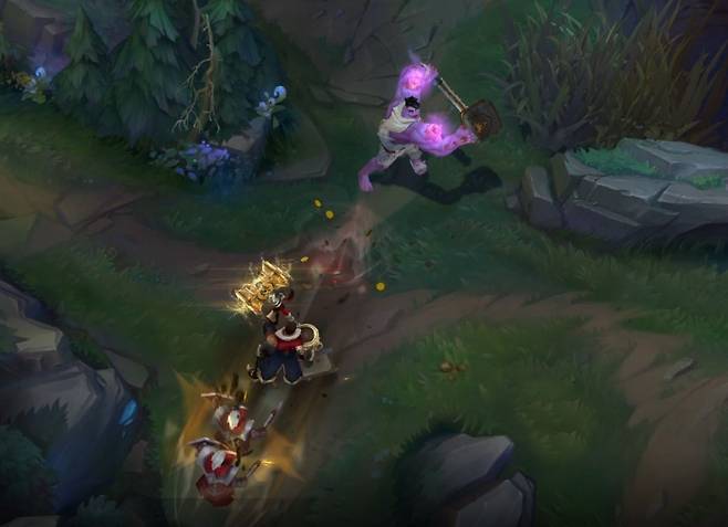 문도 박사가 가방으로 내리쳐 쓰러진 미니언을 뒤로 밀어낸다(사진=리그 오브 레전드 공식 홈페이지 발췌).