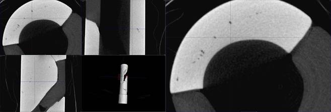 유리제 사리병 정밀 컴퓨터단층촬영(nano-CT) 사진. 사진 속 검은 점이 유리를 제작하는 과정에서 생긴 공기구멍이다. 보통 수정의 경우 확대했을 때 이러한 점이 나타나지 않는다. 이 병이 유리로 제작되었음이 확인됐다. 국립중앙박물관 제공