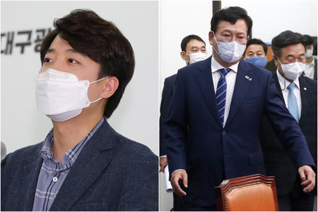 이준석(왼쪽) 국민의힘 당대표 후보가 28일 국민의힘 대구시당에서 열린 기자간담회에 참석해 발언하고 있다.송영길 더불어민주당 대표와 윤호중 원내대표 등 지도부가 이날 국회에서 열린 최고위원회의에 참석하고 있다. 뉴스1, 연합뉴스