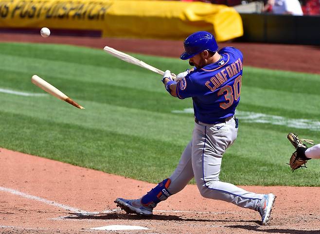 지난 6일(현지시간) 뉴욕 메츠의 우익수 마이클 콘포르토의 배트가 타격중 부서지고 있다. USA TODAY Sports