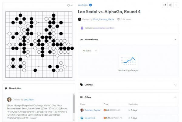 경매에 나온 이세돌 대 알파고의 4번째 대국 NFT. 사진출처｜오픈씨 홈페이지