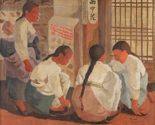 장욱진 '공기놀이'. 작가가 양정고보 재학시절에 그린 1938년작. 인물의 윤곽선은 단순화되고 세부묘사는 과감히 생략되어 작가의 초기 작품성향을 잘 보여준다.