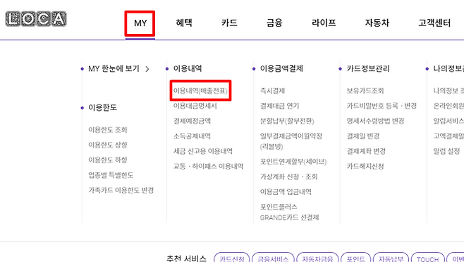 롯데카드는 MY→이용내역(매출전표)에서 확인할 수 있다