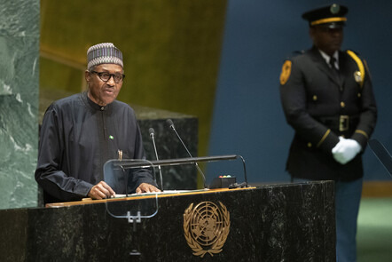 나이지리아 대통령 무하마두 부하리가 2019년 9월 24일 유엔 총회에서 연설하고 있다. AP 연합뉴스 자료사진