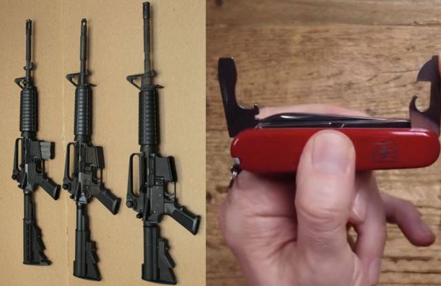 ‘반(半)자동’ 소총인 AR-15(왼쪽)와 스위스 군용 칼(오른쪽). AP뉴시스·유튜브 캡처