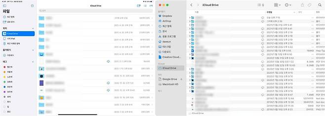 좌측은 아이패드에서 '파일' 앱을 통해 아이클라우드 드라이브에 접근한 것이다. 우측의 맥에서 접근한 것과 동일한 파일들이 있다.