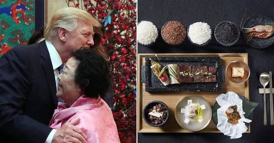 도널드 트럼프 전 미국 대통령과 이용수 할머니(왼쪽), 2017년 청와대 만찬에 포함된 독도새우 요리. [연합뉴스]