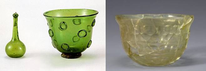 7세기초 조성된 경북 칠곡의 송림사 전탑에서 나온 사리기 유리잔(왼쪽). 사산조 페르시아 시대에 유행한 고리무늬가 장식됐다. 오른쪽 사진은 황남대총 북분에서 출토된 ‘커트 글라스(Cut Glass·무늬를 새긴 유리). 아비틴의 고향인 사산조 페르시아 계통의 유리잔이다. | 국립경주박물관 소장·이한상 교수 제공