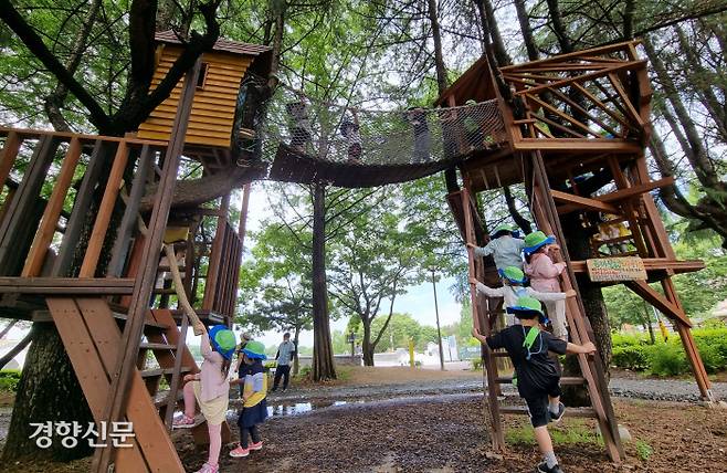 전북 전주 덕진공원 옆에 조성된 ‘맘껏 숲 놀이터’를 찾은 어린이집 원아들이 6일 그물망(위 사진)과 나무집에서 즐겁게 놀고 있다.