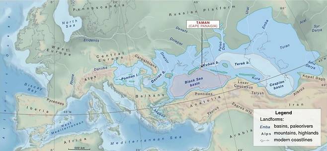 신생대 마이오세 말 당시의 지형과 파라테티스해 위치. 단 팔쿠 외 (2021) ‘사이언티픽 리포츠’ 제공.