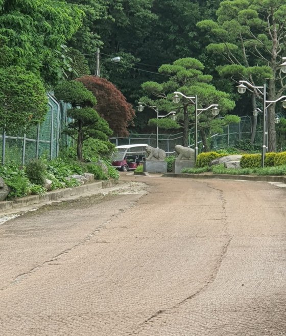 육회장의 과천동 땅 입구.철조망 옆에 정차돼 있는 골프장 카트가 눈에 띈다. 함종선 기자