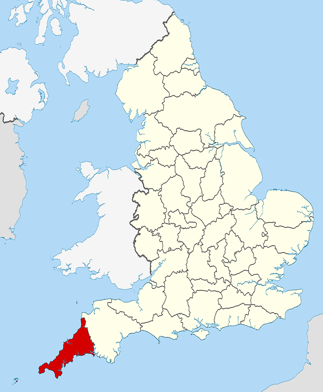 빨간색으로 표시된 지역이 콘월 주이다. <출처 = 위키피디아>