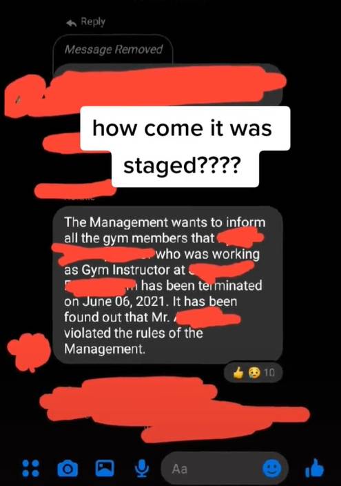 펀을 성추행한 헬스 트레이너가 해고됐다는 내용이 담긴 메시지. /사진='fernvillaceran' 틱톡 영상 캡처