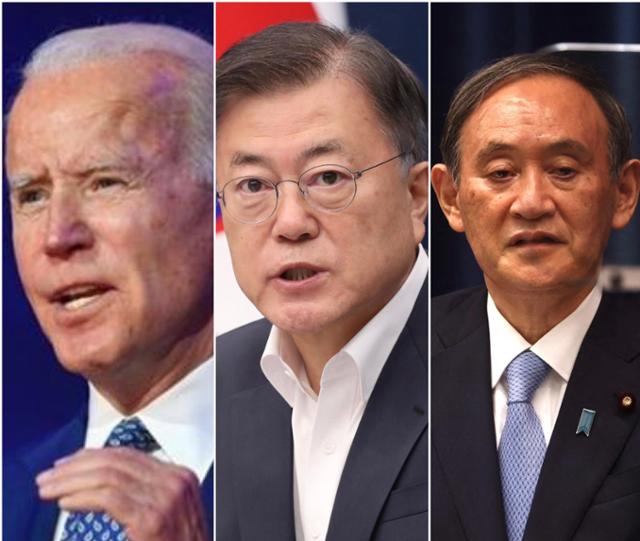 왼쪽부터 조 바이든 미 대통령, 문재인 대통령, 스가 요시히데 일본 총리. AP AFP 연합뉴스 한국일보 자료사진