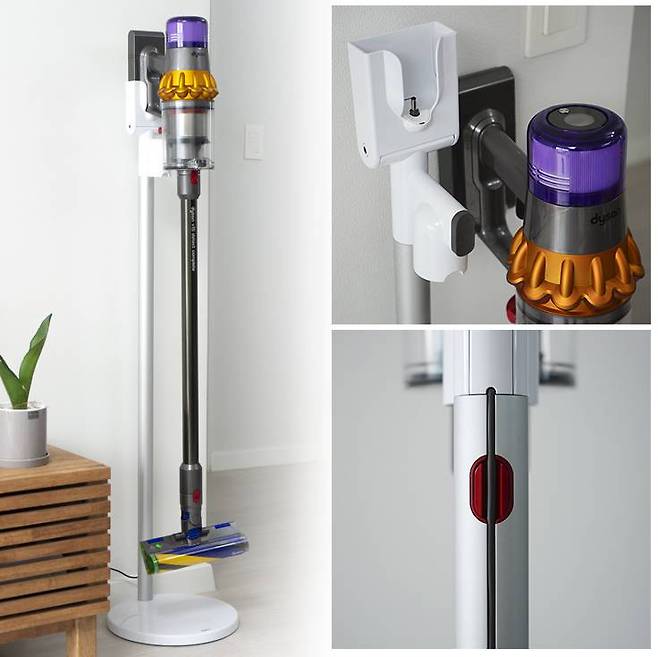 다이슨 V15 디텍트를 전용 거치대에 걸친 예시. 충전 케이블을 내부에 고정할 수 있다. 출처=IT동아