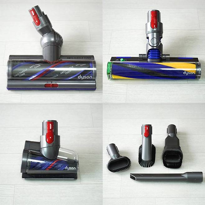 하이 토크 클리너 헤드(좌측 상단), 레이저 슬림 플러피(우측 상단), 헤어 스크류 툴(우측 하단) 및 브러쉬 툴. 출처=IT동아