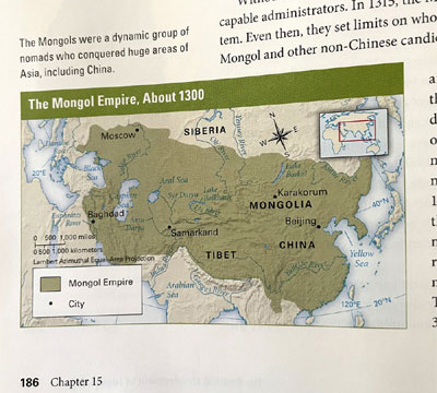 1300년께 한반도를 몽골 영토의 일부로 표시한 미국 교육기관 역사교과서.  [사진제공 = 독자]