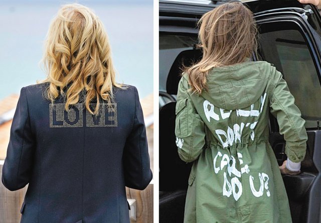 조 바이든 미국 대통령의 부인 질 여사가 10일(현지 시간) 영국에서 입은 재킷(왼쪽 사진)과 멜라니아 트럼프 여사가 2018년 입은 카키색 재킷. AP 뉴시스