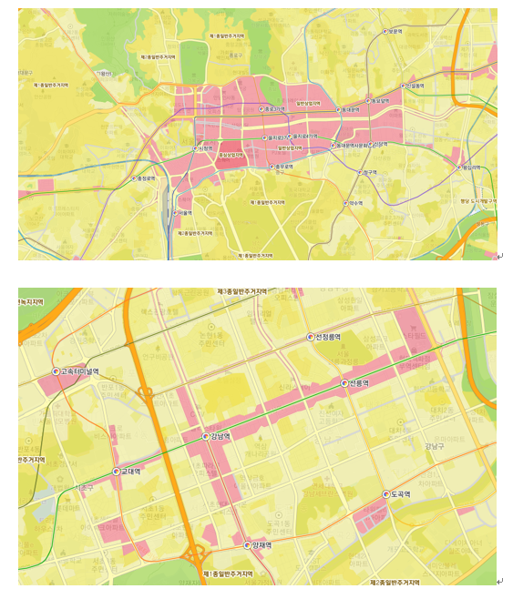 도심과 강남의 상업지역과 주거지역 분포. 분홍색이 상업지역, 노랑색이 주거지역이다. 랜드북 화면 캡처