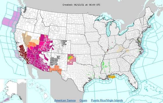 미국 남서부 지역을 중심으로 폭염경보가 내려진 지역을 표시한 지도. 자료 NOAA